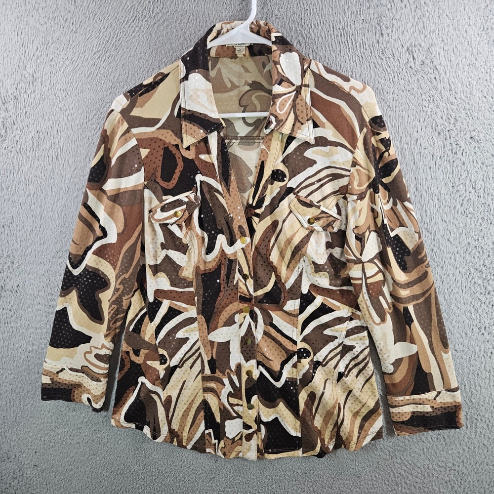 Cache Women Brown Abstract Floral Sequin Button Front Shirt Top Large